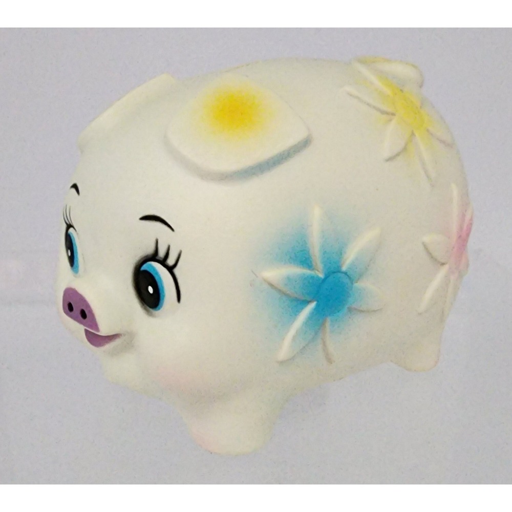 Vintage The First Years Toy Co. Piggy Coin Bank White Floral 1978 w Stopper - Picture 2 of 13